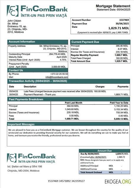 Modèle Word et PDF de relevé hypothécaire de Moldavie FinComBank